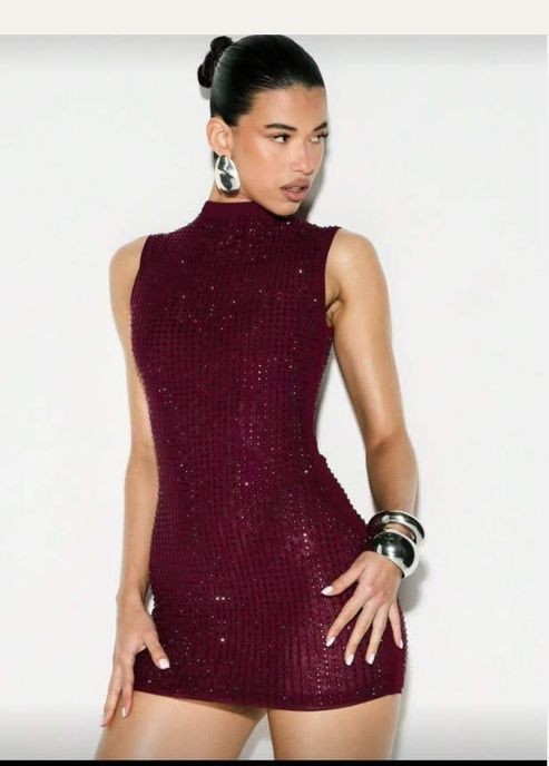 Burgundy Rhinestone Mock Neck Mini Dress - Sparkly Sleeveless Bodycon Party Dress- S Burgundy Rhinestone Mock Neck Mini Dress - Sparkly Sleeveless Bodycon Party Dress- S